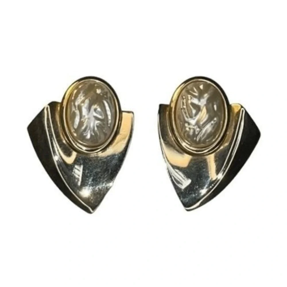 Vintage 80s Faux Fresh Water Pearl Earrings‎ Gold Tone Metal Abstract